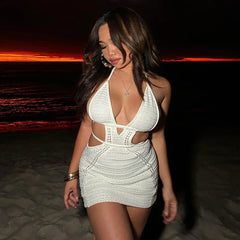 Halter Knitting Bodycon Hollow Out Summer Nightclub Spaghetti Strap Party Mini Dress