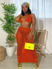 Hollow Out Bandage Spaghetti Strap Top Long Skirt Beach Summer 2 Piece Dress