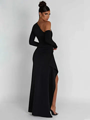 Inclined Shoulder Long High Split Slim Bodycon Autumn Winter Maxi Dress