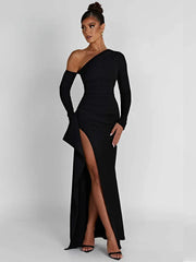 Inclined Shoulder Long High Split Slim Bodycon Autumn Winter Maxi Dress