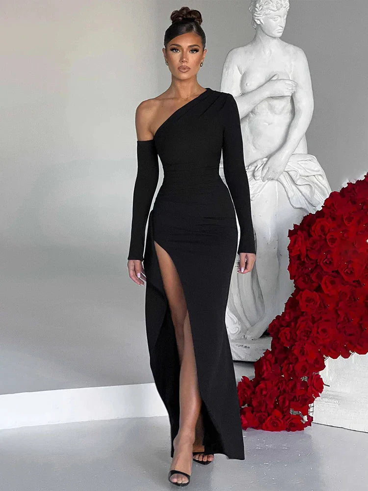 Inclined Shoulder Long High Split Slim Bodycon Autumn Winter Maxi Dress