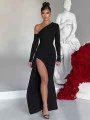 Inclined Shoulder Long High Split Slim Bodycon Autumn Winter Maxi Dress