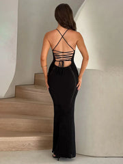 Knitted Bodycon Spaghetti Strap Backless Nightclub Spring Summer Maxi Dress