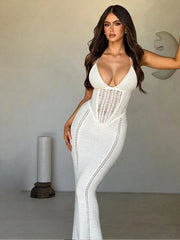 Knitted Bodycon Spaghetti Strap Backless Nightclub Spring Summer Maxi Dress