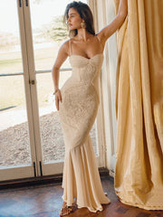 Lace Pleated Bodycon Mermaid Spaghetti Strap Spring Summer Long Party Maxi Dress