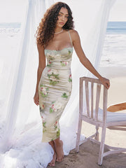 Lace Print Spaghetti Strap Summer Strapless Nightclub Slim Bodycon Midi Dress