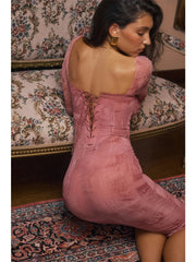 Lace Print Slim Strapless Autumn Winter Backless Midi Dress