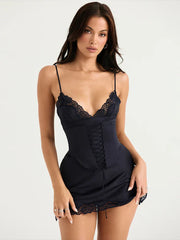 Lace Side Slim Bodycon Summer Spaghetti Strap Nightclub Party Mini Dress