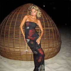 Lace Side Print Slim Bodycon Long Backless Nightclub Summer Maxi Dress