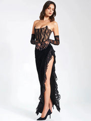 Lace Patchwork Elegant Long Summer High Split Backless Nightclub Midi Dress