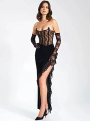 Lace Patchwork Elegant Long Summer High Split Backless Nightclub Midi Dress