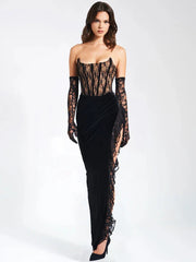 Lace Patchwork Elegant Long Summer High Split Backless Nightclub Midi Dress