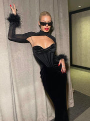 Mesh Long Sleeve Autumn Winter Long Elegant Slim Bodycon Midi Dress