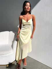 Mesh Patchwork Long Spaghetti Strap Asymmetric Spring Summer Maxi Dress