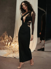 Mesh Patchwork Slim Bodycon One Shoulder Autumn Winter Long Midi Dress