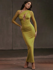 Mesh Patchwork Slim Bodycon One Shoulder Autumn Winter Long Midi Dress