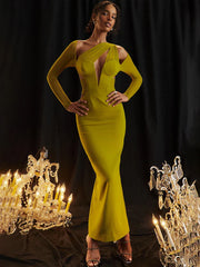 Mesh Patchwork Slim Bodycon One Shoulder Autumn Winter Long Midi Dress