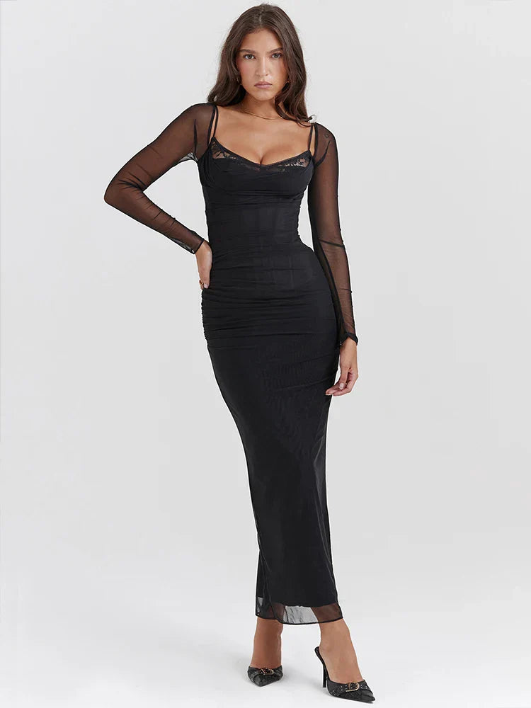 Mesh Pleated Slim Bodycon Long Backless Nightclub Party Maxi Dress