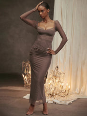 Mesh Pleated Slim Bodycon Long Backless Nightclub Party Maxi Dress