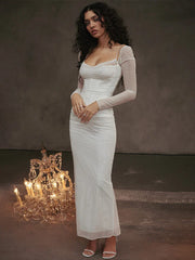 Mesh Pleated Slim Bodycon Long Backless Nightclub Party Maxi Dress