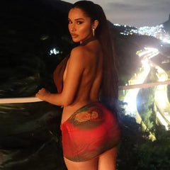 Mesh Print Deep V Neck Nightclub Party Halter Backless Slim Bodycon Summer Mini Dress