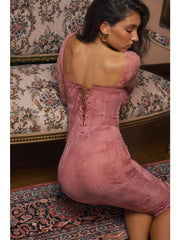 Print Slim Bodycon Autumn Winter Lace Side Backless Midi Dress