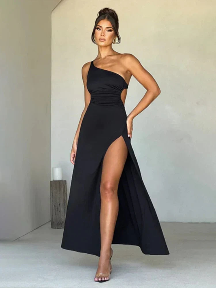 One Shoulder Long High Split Backless Nightclub Spring Summer Maxi Dress