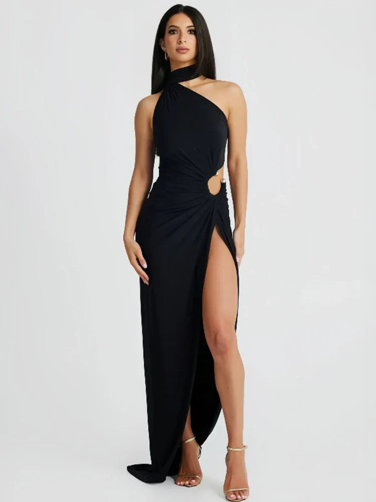 One Shoulder Long High Split Halter Backless Spring Summer Maxi Dress