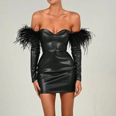 PU Leather Strapless Autumn Winter Slim Bodycon Party Mini Dress