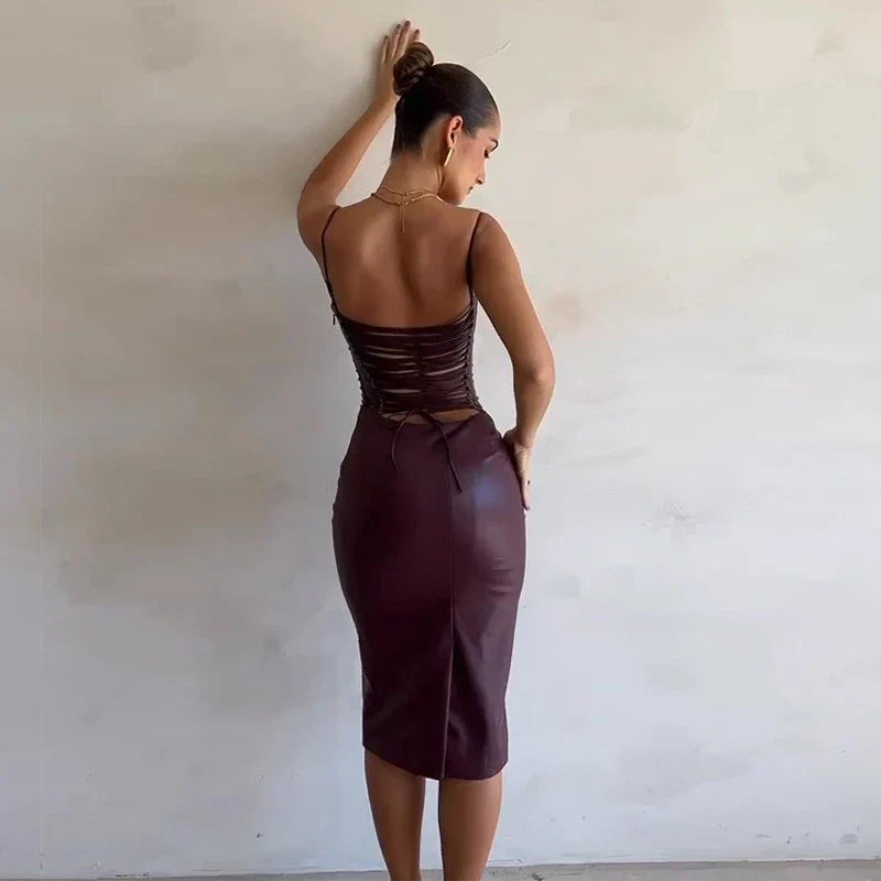 PU Leather Long Slim Bodycon Summer Spaghetti Strap Midi Dress