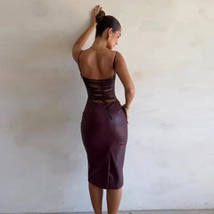 PU Leather Long Slim Bodycon Summer Spaghetti Strap Midi Dress