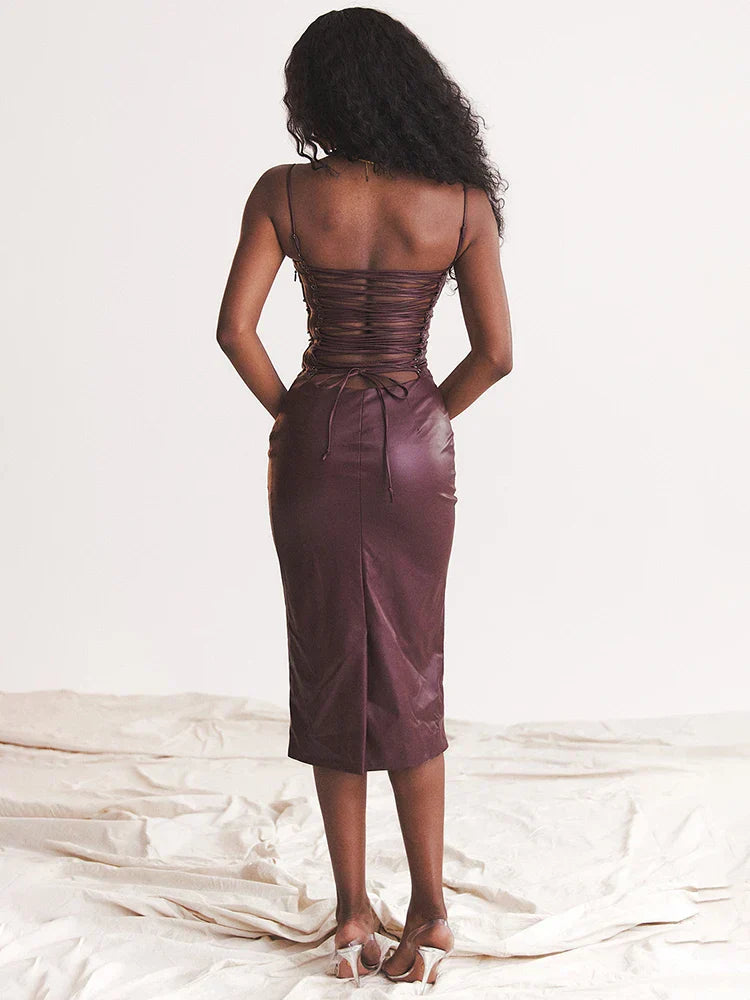PU Leather Long Slim Bodycon Summer Spaghetti Strap Midi Dress