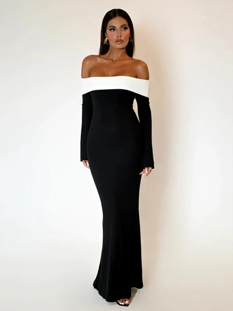 Patchwork Long Off Shoulder Nightclub Autumn Winter Maxi Dress