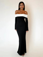 Patchwork Long Off Shoulder Nightclub Autumn Winter Maxi Dress