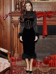 Patchwork Mesh Velvet Christmas Autumn Winter Long Slim Bodycon Midi Dress