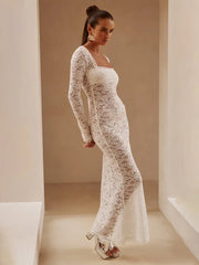 Perspective Lace Slim Bodycon Long Nightclub Autumn Winter Maxi Dress