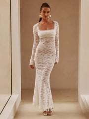 Perspective Lace Slim Bodycon Long Nightclub Autumn Winter Maxi Dress