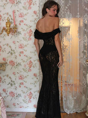 Perspective Lace Slim Bodycon Off Shoulder Nightclub Summer Maxi Dress