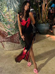 Perspective Mesh Print Long Spaghetti Strap Backless Summer Maxi Dress