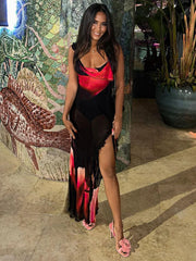 Perspective Mesh Print Long Spaghetti Strap Backless Summer Maxi Dress