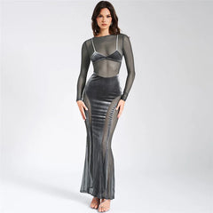 Perspective Mesh Slim Bodycon Long Nightclub Autumn Winter Maxi Dress