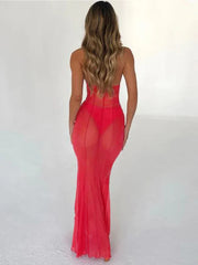 Perspective Mesh Bodycon Long Halter Backless Spring Summer Maxi Dress