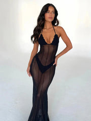 Perspective Mesh Bodycon Long Halter Backless Spring Summer Maxi Dress