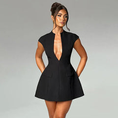 Pocket A-line Spring Summer Deep V Neck Nightclub Party Mini Dress