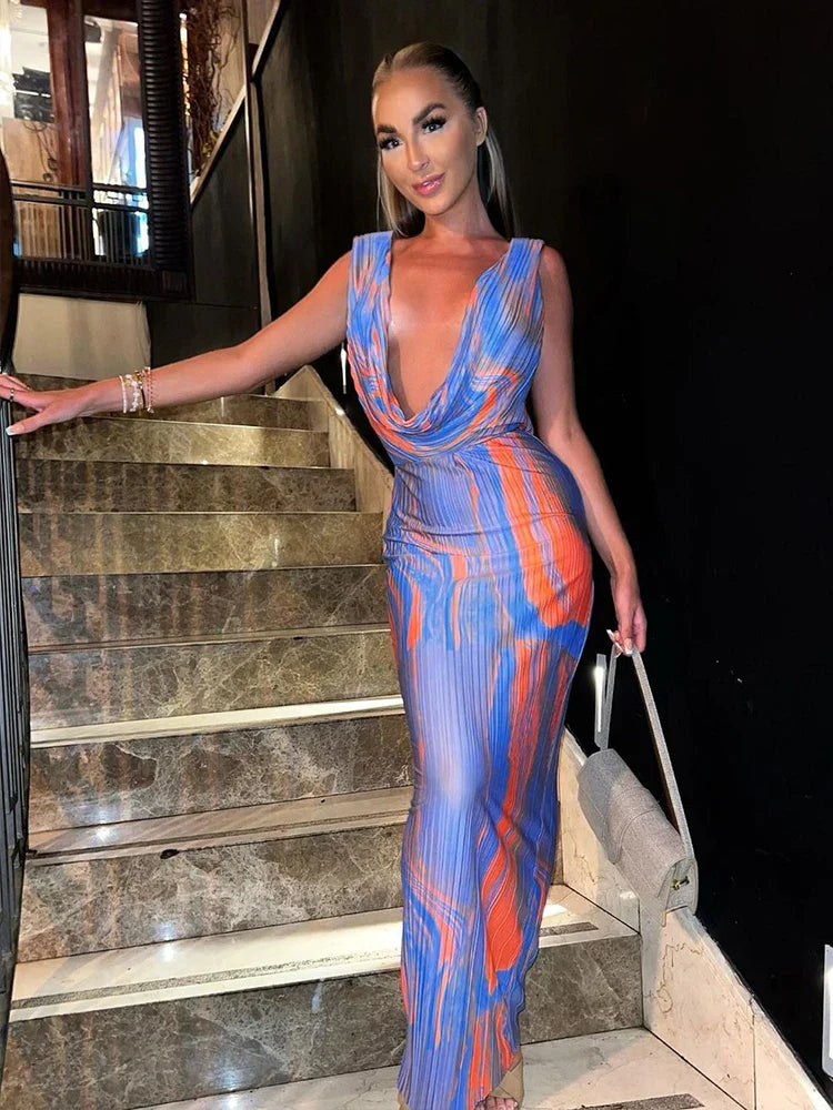 Print Deep V Neck Long Slim Bodycon Backless Nightclub Summer Maxi Dress