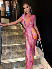 Print Deep V Neck Long Slim Bodycon Backless Nightclub Summer Maxi Dress