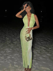 Print Deep V Neck Long Slim Bodycon Backless Nightclub Summer Maxi Dress