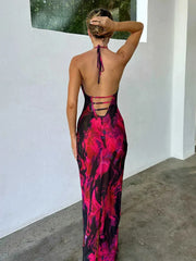 Print Long Halter Spring Summer Backless Nightclub Slim Bodycon Midi Dress