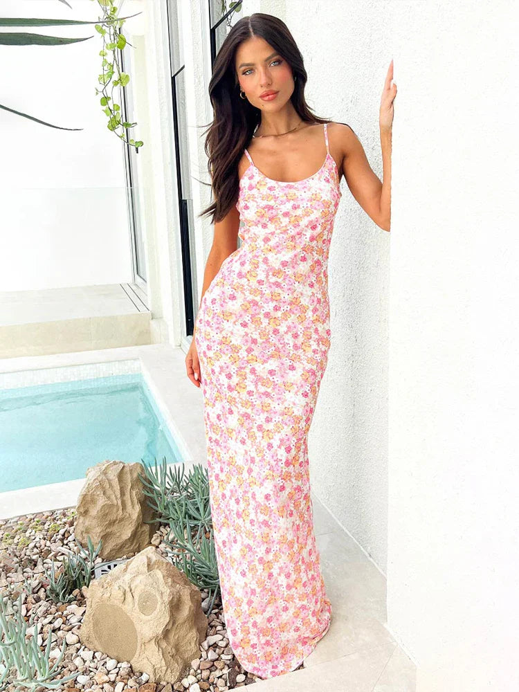 Print Spaghetti Strap Slim Bodycon Backless Nightclub Spring Summer Maxi Dress