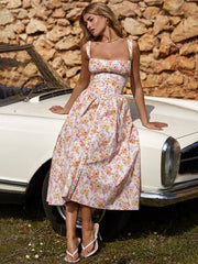 Print Bodycon A-line Spaghetti Strap Summer Long Nightclub Midi Dress